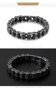 Industrial punk style bike chain bracelet in titanium steel with black mesh rollers