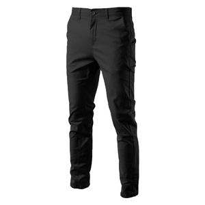Ghost mannequin view showing the tailored fit and slim cut of black cotton casual pants