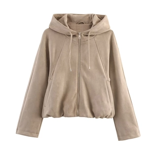 Veste bomber à capuche en similicuir kaki pour femme avec fermeture éclair