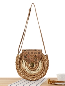 Bohemian Round Woven Crossbody Bag For Women Paper Straw Shoulder Handbag With Ethnic Print Flap And Adjustable PU Strap
