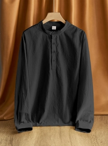 Close-up of charcoal linen blend shirt showing texture, fabric label and M size tag