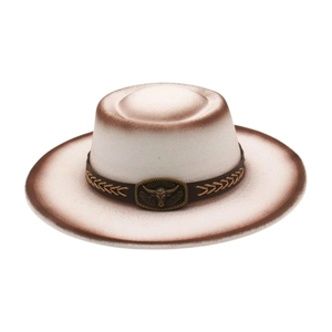 Chapeau de cowboy en laine écru avec bord dégradé marron et boucle métallique tête de taureau