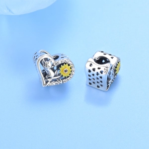 S925 sterling silver sunflower charms with yellow enamel and sparkling zircon accents