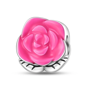 Detailed view of pink rose charm with silver metal base and high-quality enamel coating