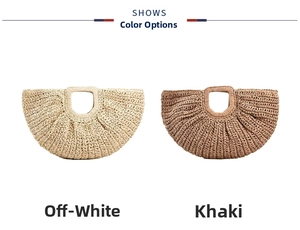 Detail showing handwoven texture and color options in beige and khaki straw tote bags