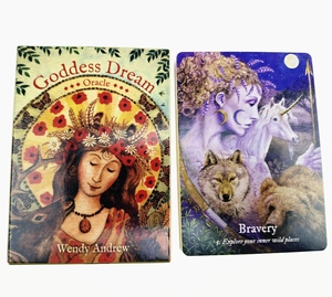 Macro detail of Goddess Dream Oracle cards featuring Artemis illustration and text