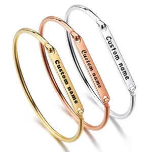 Minimalist Polished Stainless Steel Open Bangle Rectangular Bar Fashion Jewelry Elegant Commute Style For Women