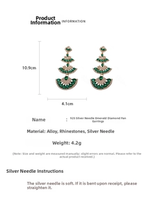 Emerald fan fringe earrings dimensions showing 10.9cm height and silver needle material