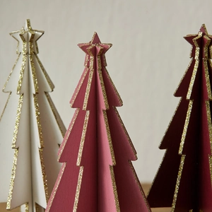 Mini wooden Christmas tree set in white pink and red with sparkling gold glitter edges