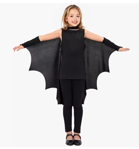 Detailed view of kids bat costume featuring black winged vest and matching sleeves
