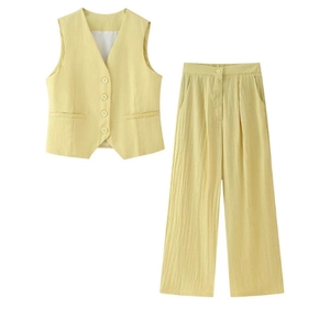 Femme Gilet À Boutons Col V Et Pantalon Large Texturé Sans Manches Gilet Pantalon Décontracté Chic Streetwear Jaune