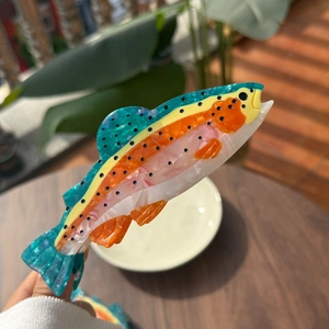 Détails de la pince à cheveux en forme de poisson coloré aux nuances de truite arc-en-ciel