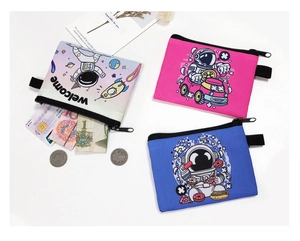 Detailed view of astronaut cartoon coin purses with zipper, storing cards and coins
