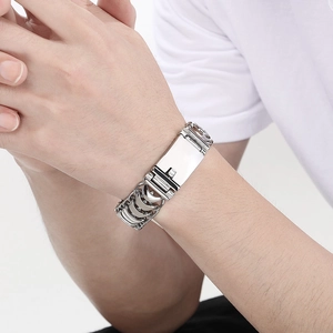 Men's silver polished stainless steel dragon bone link bracelet with rectangular plate
