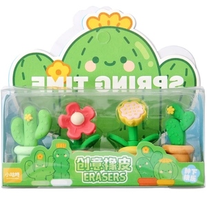Creative cactus succulent erasers set in colorful pots for students cute stationery