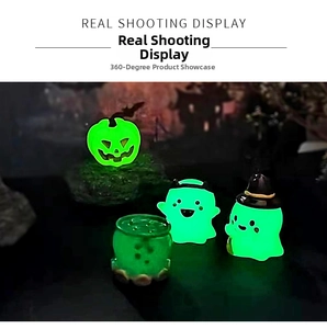 Luminous Halloween resin figurines featuring glowing pumpkins and ghosts in the dark