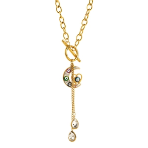 Collier en acier titane doré avec pendentif lune œil grec et cristaux sur fond blanc