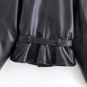 Women's black cropped faux leather jacket with back waist belt and peplum hem detail