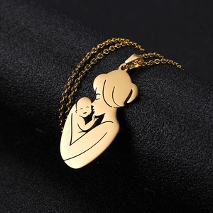 Golden mother holding baby silhouette pendant necklace with polished stainless steel chain