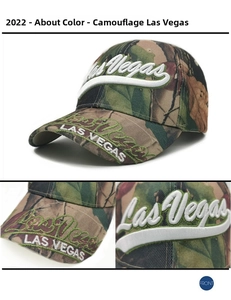 Close-up of Las Vegas 3D embroidery on a camouflage baseball cap with forest pattern
