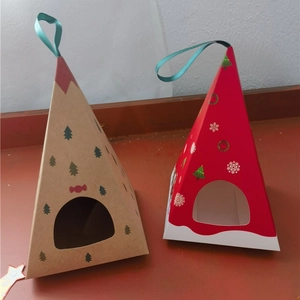 Conical Christmas gift boxes in khaki and red with green ribbons and festive patterns