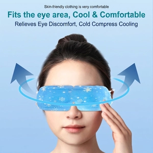 Cooling gel eye mask with snowflake pattern worn by a model for eye fatigue relief