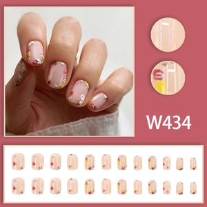 Unghie finte corte tonde rosa con motivi floreali set completo da 24 pezzi totali