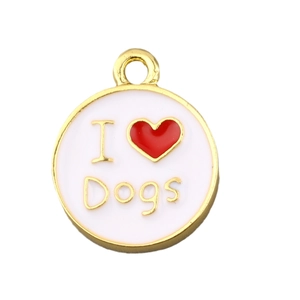 Gold-plated round pendant with white enamel featuring a red heart and I Love Dogs text