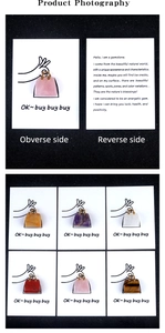 Detailed views of diverse handbag-shaped natural crystal pendants with golden handles