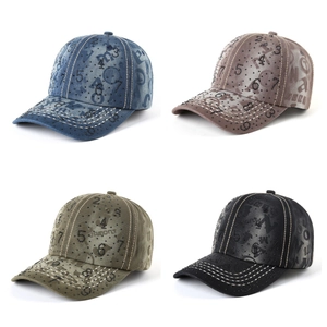 Washed denim baseball caps with rhinestone number patterns in four vintage colors