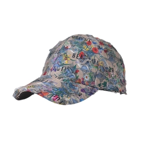 Vintage khaki baseball cap with colorful floral prints and Beautiful embroidery detail