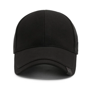 Premium black cotton baseball cap for men featuring a solid six-panel structure and side logo