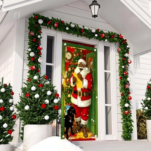 Christmas door cover featuring Black Santa with Labrador and decorated Xmas tree