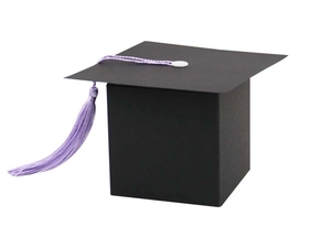 Detailed 45-degree view of a black graduation cap gift box with a purple tassel