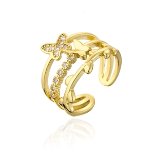 18K gold plated copper butterfly ring with white zircon stones and adjustable open band