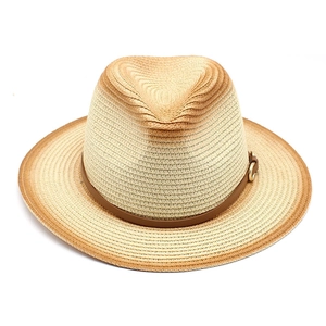 Unisex sun protection straw jazz hat with gradient finish and brown leather band