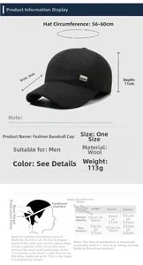 Detailed size chart for men woolen baseball cap showing dimensions and head measurements