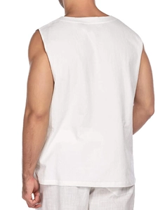 Detailed texture of white cotton linen sleeveless shirt and shorts set on model