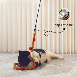 Long caterpillar stripe cat wand toy with brown plush rope and silver crisp small bell
