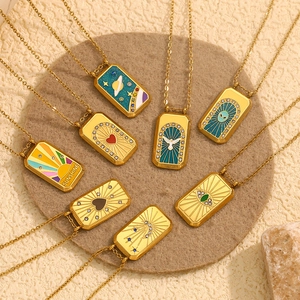 Collier Pendentif Carte De Tarot Rectangle Géométrique Acier Inoxydable Plaqué Or 18K Émail Strass Style INS Vintage