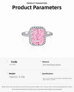 Vue détaillée de la bague en argent 925 avec zircon rose rectangulaire 8A