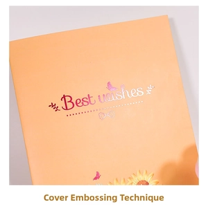 Close-up of pink glitter dusting on orange card with Best Wishes lettering and flowers