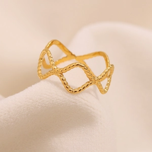18K gold plated stainless steel wavy geometric ring with twisted texture and open band