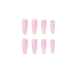 Pastel purple coffin false nails with white daisy patterns and glossy finish