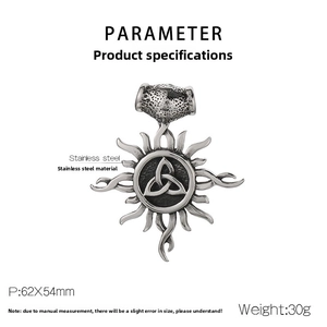 Detailed view of Viking sun pendant in stainless steel with 62x54mm dimensions