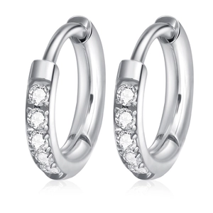 Polished stainless steel huggie hoop earrings with sparkling cubic zirconia inlay