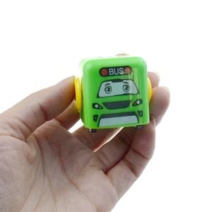 Compact square green cartoon toy bus with big eyes and yellow wheels for children