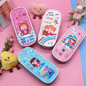 Cartoon Girl Pencil Case PU Leather Waterproof Large Capacity Stationery Organizer Bag For Students School Supplies Cute Gift