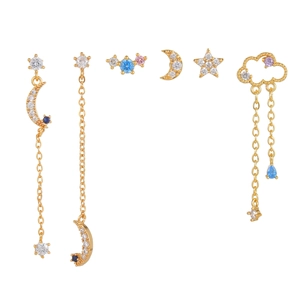Star and moon gold earring set with colorful zircon and long tassel chain dangles