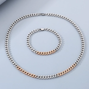 Two-tone silver and rose gold stainless steel Cuban link necklace and bracelet jewelry set
